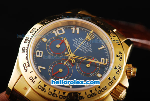 Rolex Daytona Swiss Valjoux 7750 Automatic Movement Gold Case with Blue Dial-Gold Numeral Markers and Brown Leather Strap - Click Image to Close